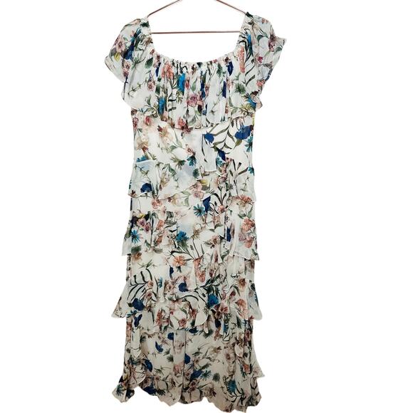 BADGLEY MISCHKA White Floral Printed Off-Shoulder Ruffles High-Low Maxi Dress 16 - Picture 2 of 16
